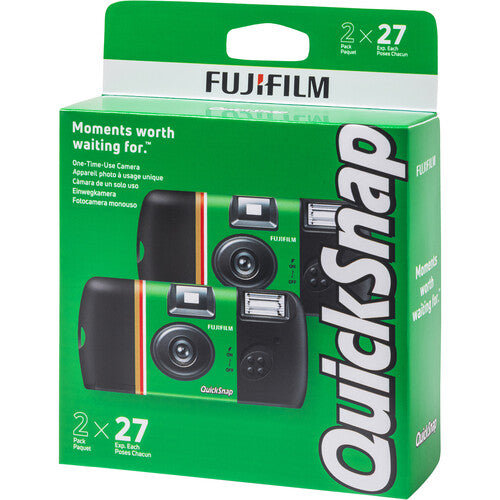 Fujifilm Quicksnap packaging with two instant cameras on a green background