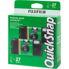 Fujifilm Quicksnap packaging with two instant cameras on a green background