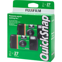 Fujifilm Quicksnap packaging with two instant cameras on a green background