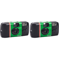 Two green and black Fujifilm instant cameras on a white background