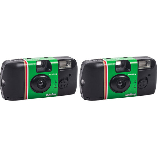 Two green and black Fujifilm instant cameras on a white background