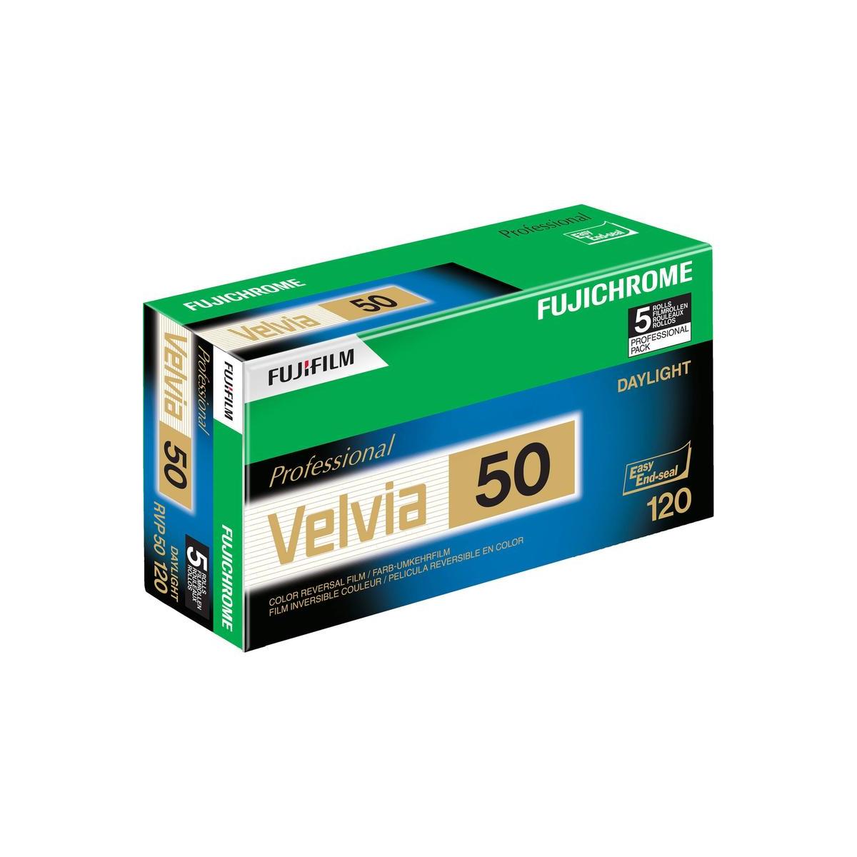 Fujifilm Velvia 50 ISO 120 color transparency film box in green and black packaging with professional branding.