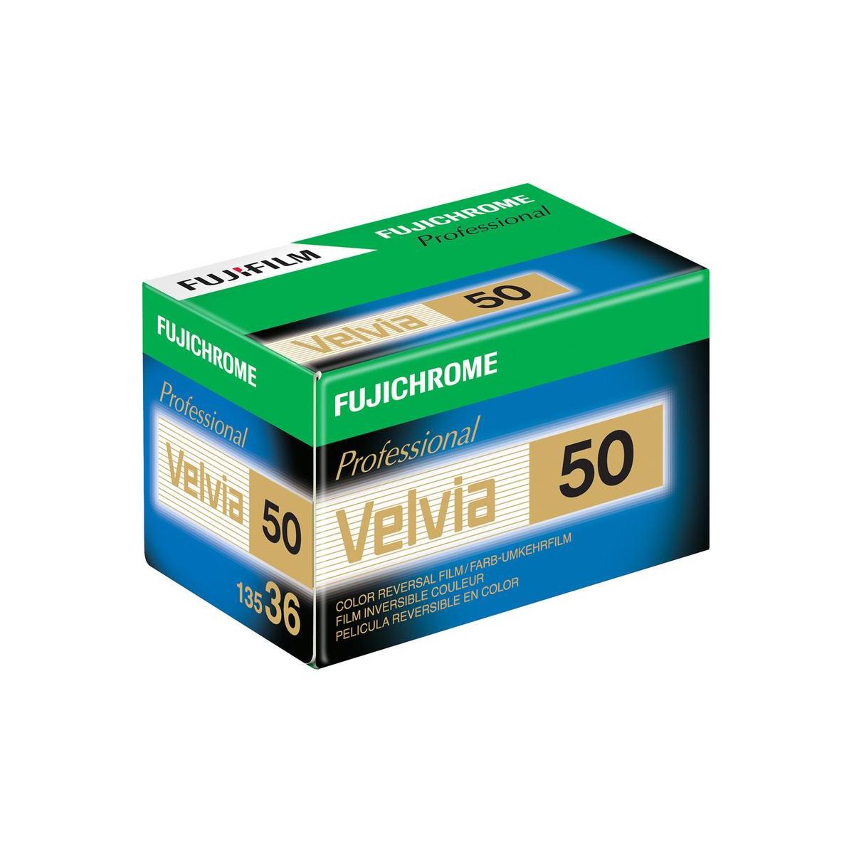 Fujifilm Velvia 50 ISO 35mm color transparency film box in green and black packaging with 36 exposures.