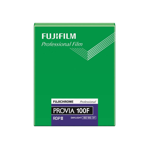 A green box of Fujifilm Provia 100F film, featuring the white FUJIFILM logo and a purple label at the bottom with white text.