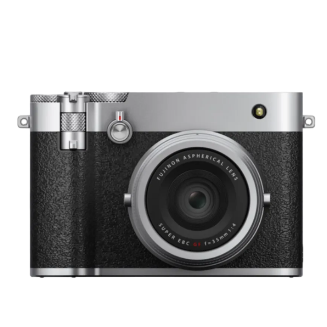 Silver and black camera on a white background