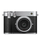 Silver and black camera on a white background