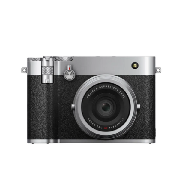 Silver and black camera on a white background