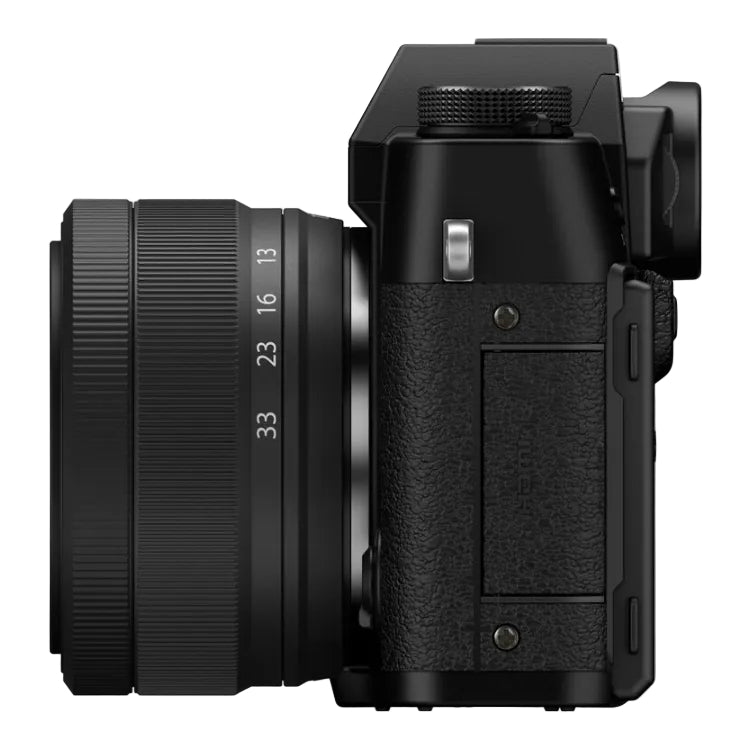Black camera with lens on a white background