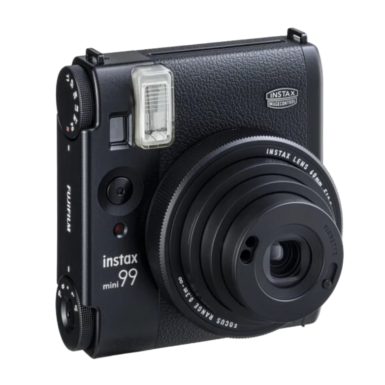 A black FUJIFILM Instax Mini 99 instant film camera with visible shutter button, lens, flash, and brand markings.