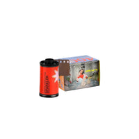 A film canister of Grafx Sparkler 400 film stands in front of its retail box on a clean light gray background. The canister is bright red with black top and bottom rims and white vertical text reading 'SPARKLER 400'.