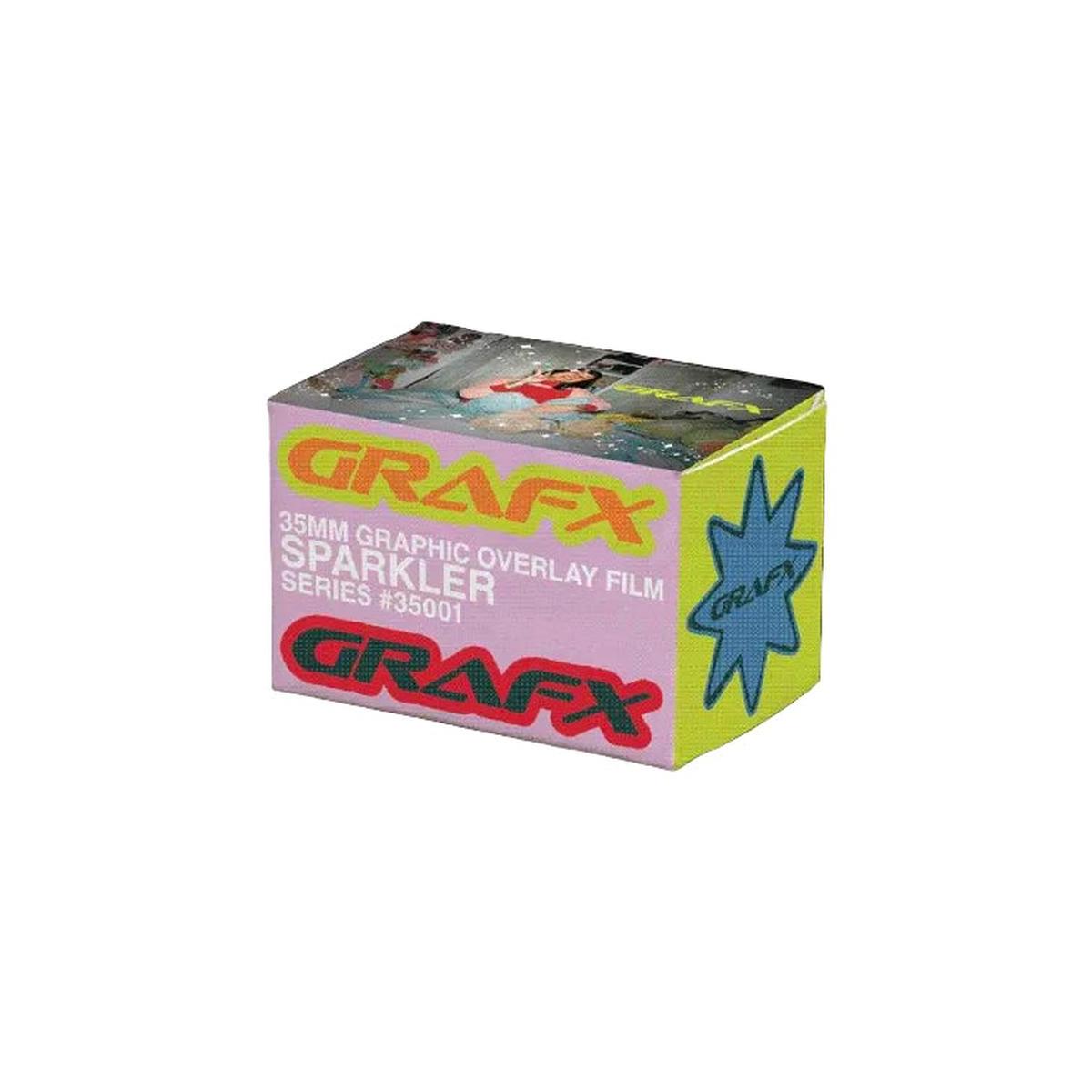A box of Grafx Sparkler 35mm Graphic Overlay Film, Series #35001, shown against a solid white background. The box features a light pink front face with bold orange and red Grafx logos, a lime green side panel with white text, and a blue starburst graphic on the right side.