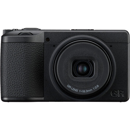 Black camera with 'GR' branding on a white background