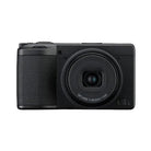 Black camera with 'GR' branding on a white background