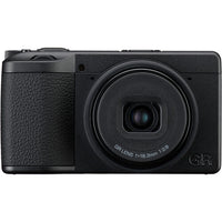 Black camera with 'GR' branding on a white background