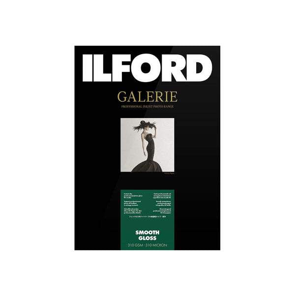 Ilford Galerie Smooth Gloss professional fine art photo paper pack, 310 GSM, 310 GPM, black cover with white and gold branding and a small sample photograph.