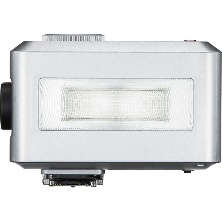 Silver electronic device with a rectangular light on a white background