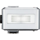 Silver electronic device with a rectangular light on a white background
