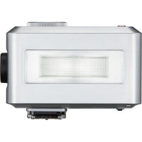 Silver electronic device with a rectangular light on a white background