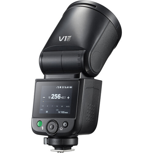 Black camera flash with digital display on a white background