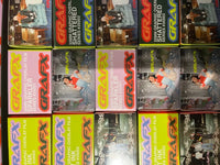 A grid of Grafx branded graphic overlay film boxes, showing different color variants including pink, yellow, and green packages with sparkler and ink effects imagery.