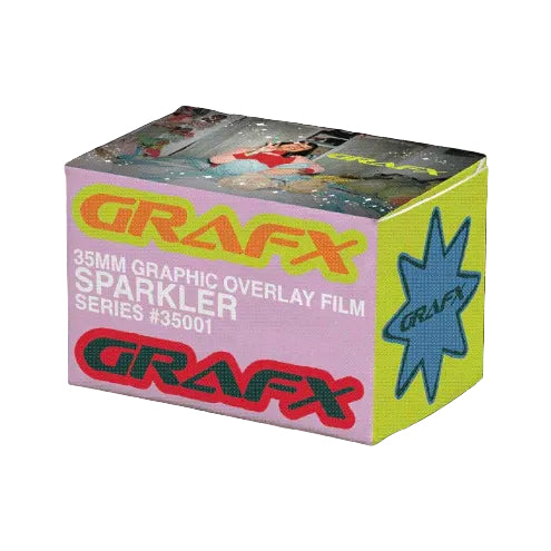 A box of Grafx Sparkler 35mm Graphic Overlay Film, Series #35001, shown against a solid white background. The box features a light pink front face with bold orange and red Grafx logos, a lime green side panel with white text, and a blue starburst graphic on the right side.