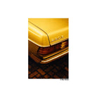 Rear view of a vintage 230E car in warm, redscale tones with golden light and deep shadows on a brick surface.