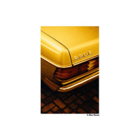 Rear view of a vintage 230E car in warm, redscale tones with golden light and deep shadows on a brick surface.
