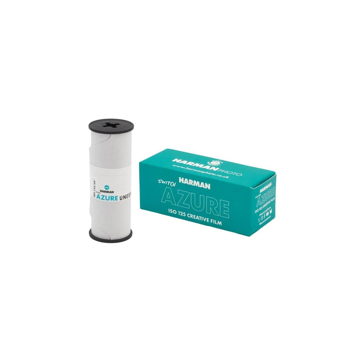 Harman Azure film canister and packaging on a white background