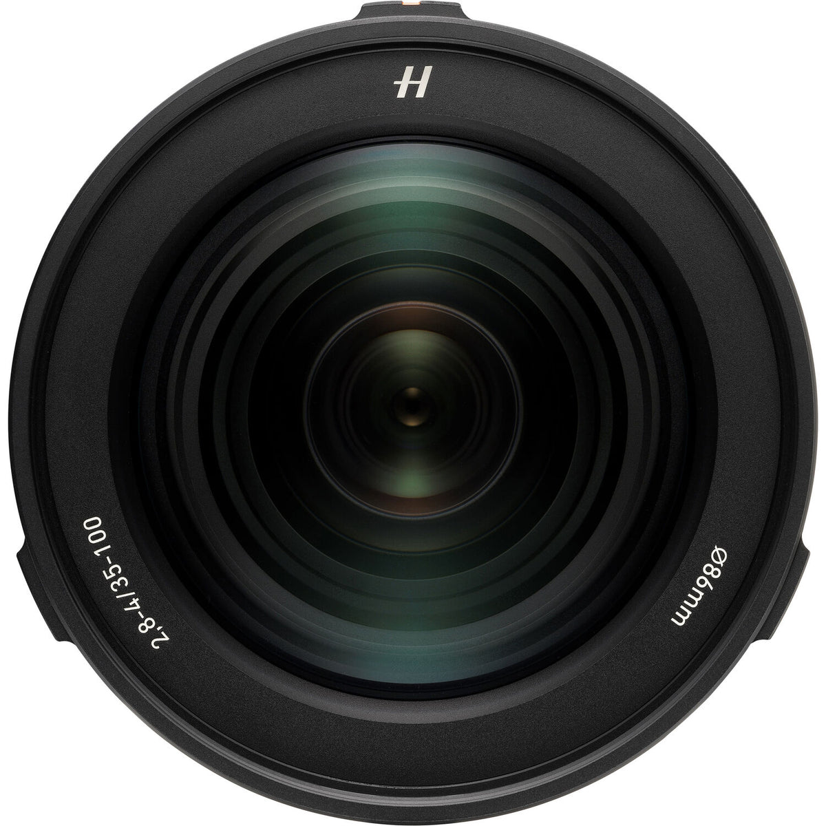 A close-up studio shot of a black camera lens with white text indicating '2.8-35mm' and 'Ø65mm', along with a stylized 'H' logo at the top, set against a plain white background.
