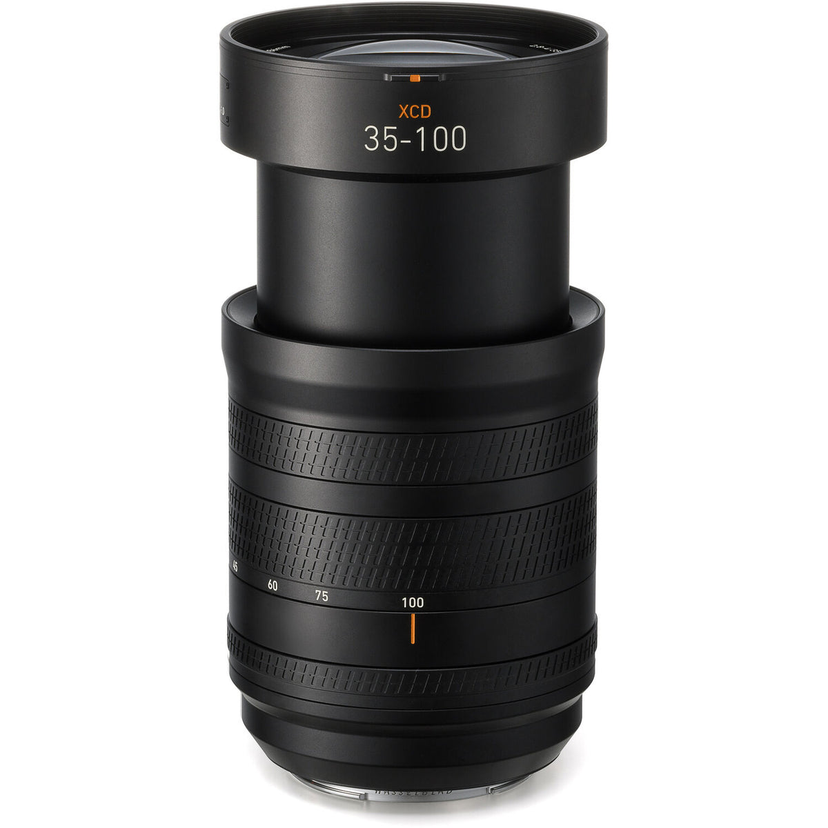 Black camera lens with focus scale on a white background