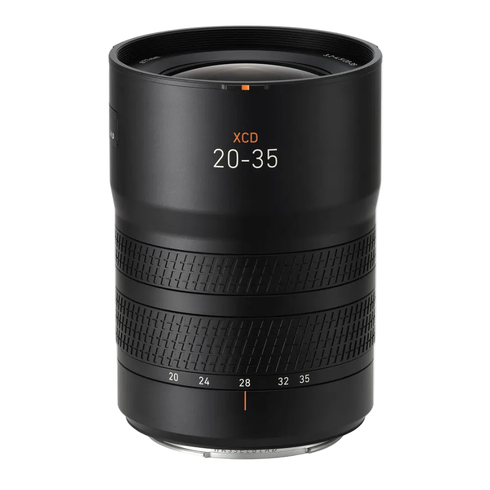 Camera lens with 'XCD 20-35' marking on a white background