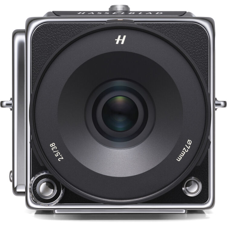 A Hasselblad medium format camera shown from the front, featuring a large black lens with white text and a silver-toned metal body, isolated on a white background.
