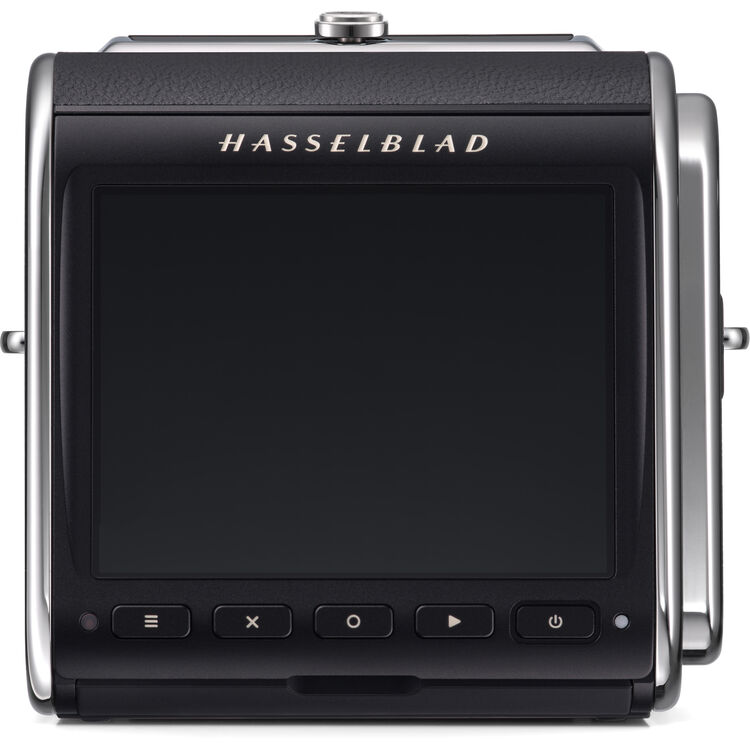A Hasselblad medium format camera body shown from the back, featuring a large black rear screen, silver metal side frames, and the 'HASSELBLAD' brand name in gold lettering above the screen.