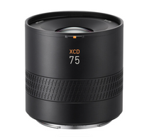 Hasselblad XCD 75mm f/3.4 P Lens, black in color, with focus and zoom rings visible.