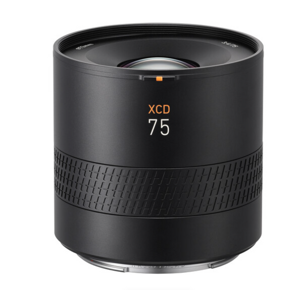 Hasselblad XCD 75mm f/3.4 P Lens, black in color, with focus and zoom rings visible.