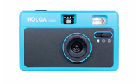 Bright blue Holga 135AC point-and-shoot film camera with a black front panel, central optical lens, and built-in flash.