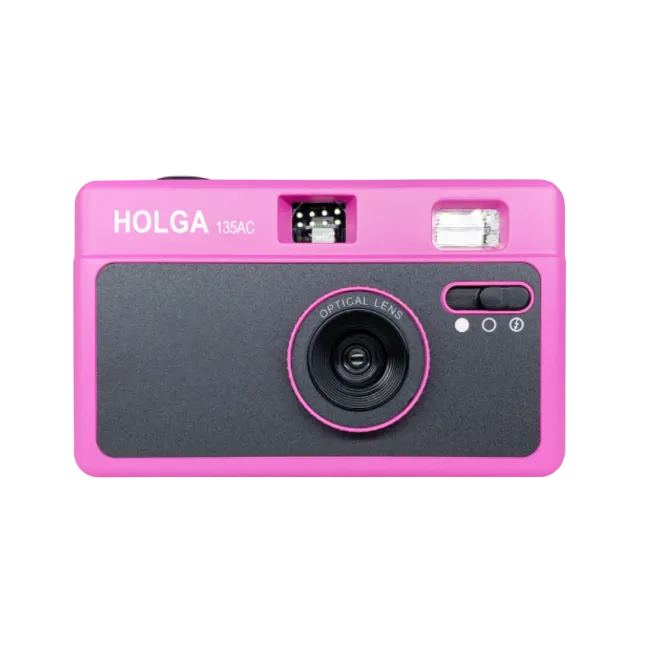 Bright pink Holga 135AC point-and-shoot film camera with a black front panel, optical lens, and built-in flash.