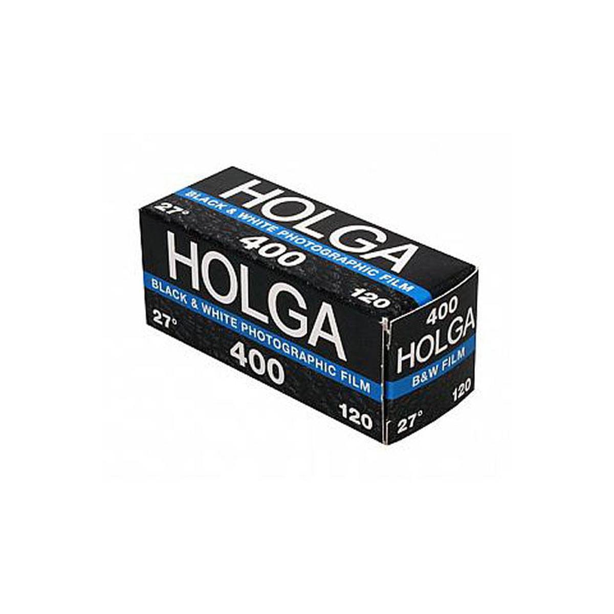 Single roll of Holga 400 ISO black and white 120 medium format film in a black box with blue accents.