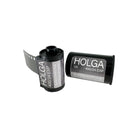 Two rolls of Holga 400 ISO 35mm black and white film with silver and black labels on a white background.
