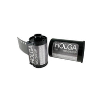 Two rolls of Holga 400 ISO 35mm black and white film with silver and black labels on a white background.