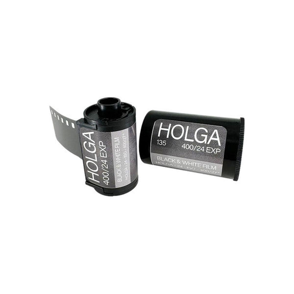 Two rolls of Holga 400 ISO 35mm black and white film with silver and black labels on a white background.