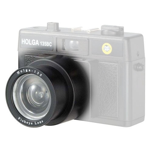 Holga 135BC camera with fisheye lens on a white background