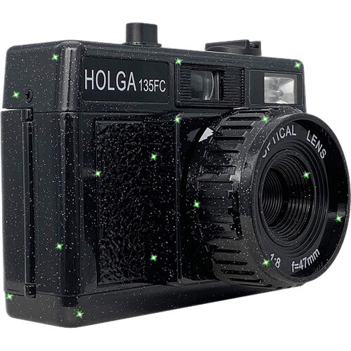 Black Holga 135FC toy camera with a glittery finish, built-in flash, and a 47mm optical lens on a white background.