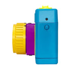 Side view of a Holga 135FC toy camera featuring a bright blue body, purple lens housing, and a yellow focus ring.