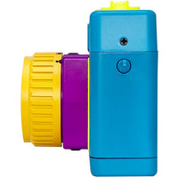 Side view of a Holga 135FC toy camera featuring a bright blue body, purple lens housing, and a yellow focus ring.