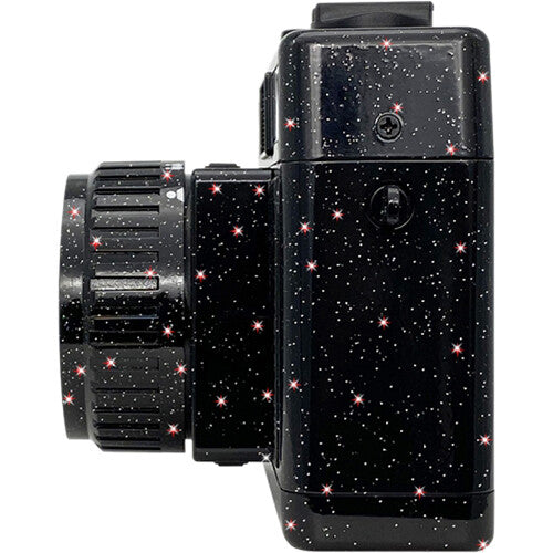 Side view of a black Holga 135FC toy camera featuring a glossy finish with a sparkling, star-like glitter pattern.