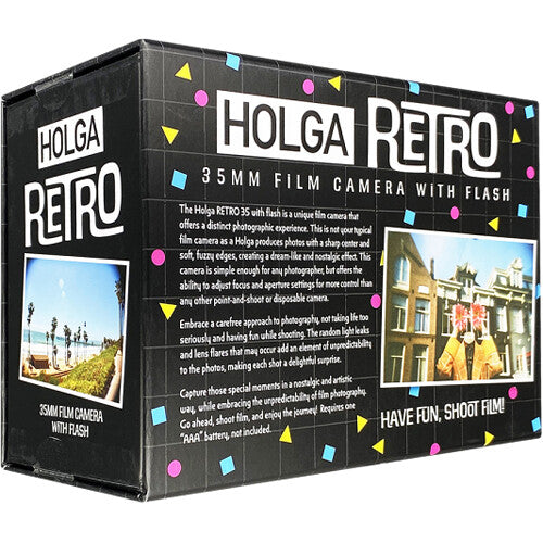 Black Holga Retro 35mm film camera box with colorful geometric patterns and sample photos printed on the packaging.