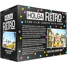 Black Holga Retro 35mm film camera box with colorful geometric patterns and sample photos printed on the packaging.