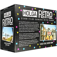 Black Holga Retro 35mm film camera box with colorful geometric patterns and sample photos printed on the packaging.