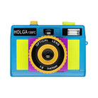 Holga 135FC toy camera in blue, yellow, and purple with a built-in flash and 47mm optical lens on a white background.